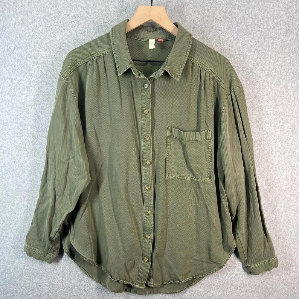Pilcro Womens L Top Blouse Matte Green Button Down Corduroy Long Sleeve Soft